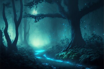 Mystical forest with blue fog. AI