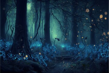 Mystical forest with blue fog and fireflies. AI