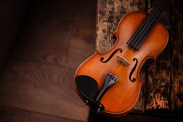 Retro vintage violin on a wooden - 558166545
