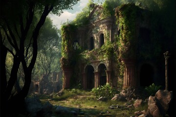 Ancient temple ruins in the middle of the forest. AI