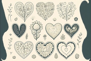 Heart generative ai illustration. Love icon of black hearts with flowers scribble. Cartoon doodle design isolated on white background. Thin stripes. Elements for Valentines.