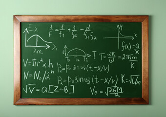 Chalkboard with many different math formulas on green wall