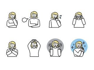 人物の表情イラスト5(女性、アイコン、アバター、笑う、泣く、落ち込む、驚く、怒る、知る) An illustration of a person's facial expression.Women, icons, avatars, laughing, crying, depressed, surprised, angry, know.