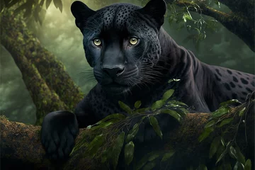 Foto op Plexiglas a beautiful black panther is sitting on a tree in the jungle. Generative AI © jr-art