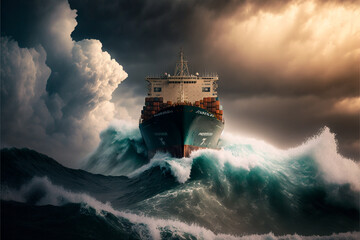 a container ship on a stormy sea with huge waves. Generative AI