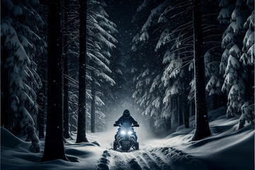 A snowmobile drives through a dark forest at night. Generative Ai
