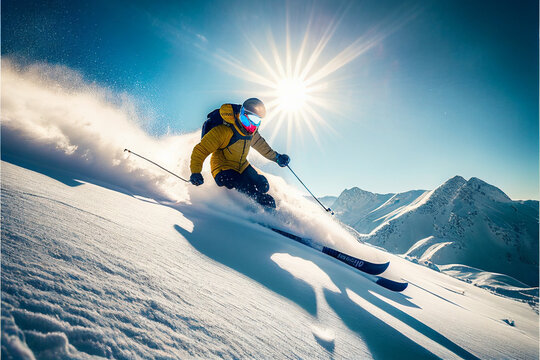 A skier in a yellow jacket is skiing in the bright sun and blue sky. Generative Ai