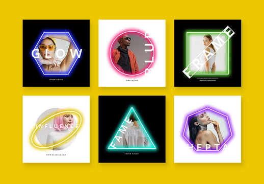 Social Media Layouts With Colored Neon Frames