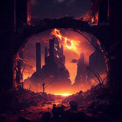 Apocalyptics ruins of a city at night, generative ai