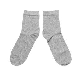 Pair of light grey socks isolated on white, top view