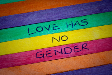Love has no gender hand lettering written on a rainbow spectrum pride flag