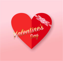 Valentine's Day card with pink bow, ribbon. The inscription is festive gold.Pink background.Place to insert