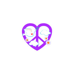 Obraz na płótnie Canvas Flat design with paper cutting light violet peace sign in heart shape, white pigeon with olive branch, clouds and daisy on white background