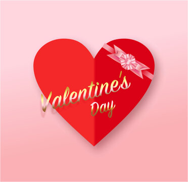 Valentine's Day card with pink bow, ribbon. The inscription is festive gold.Pink background.Place to insert