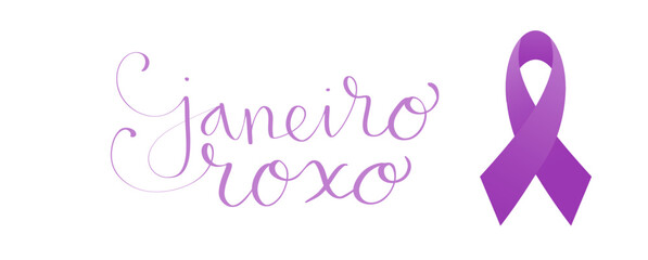 Purple January in portuguese Janeiro Roxo, Brazil campaign for hansen disease awareness banner. Handwritten calligraphy lettering vector