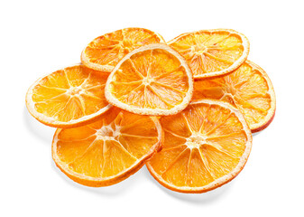 Delicious dry orange slices on white background