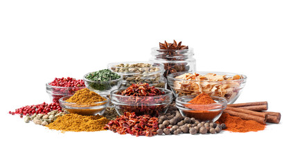 Bowls with different spices on white background