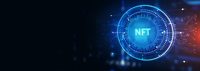 NFT Non-fungible token digital crypto  on virtual screen. 3d illustration