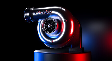 Turbocharger separate on dark red blue background 3D rendering