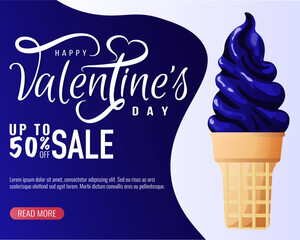 Sale Flyer design for Happy Valentine's Day with ice cream, blue accent. Romance, Love concept. Vector illustration for poster, banner, advertising, invitation, flyer, cover.