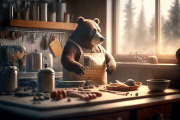 A cute bear cooking in the kitchen. Made with Generative AI