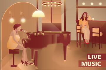 Female musician playing piano. Two women in bar/restaurant. Music poster/Flyer. Vector illustration.