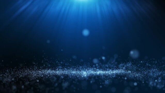 Seamless loop, Glitter white blue particles stage and light shine abstract background. Flickering particles with bokeh effect.  60 FPS 4096x2304 Px.