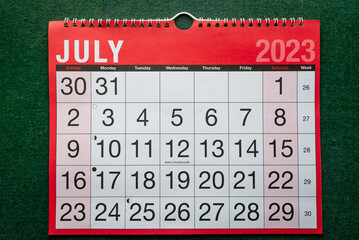 Calendar 2023, July, monthly planner for wall and desk. Large boxes for each date.