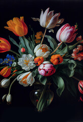 Vintage spring bouquet of tulips over dark background, traditional dutch style, illustration