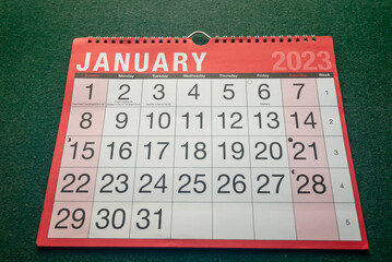 Calendar 2023, January, monthly planner for wall and desk. Straight view from front.