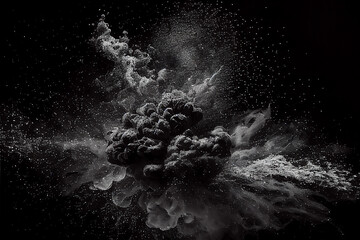 black and white smoke explosion on a black background, generative ai