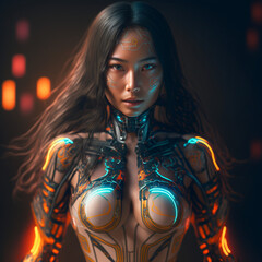 A full body portrait of a beautiful asian girl, half robot, long dark hair with neon strips, young, hyper - realistic, very detailed, intricate, pose, electronic bikini, slight smile expression, photo