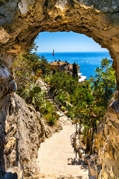 Exotic Botanic Garden Le Jardin de Exotique on top of medieval fortress castle hill in historic town of Eze at Azure Cost of Mediterranean Sea in France