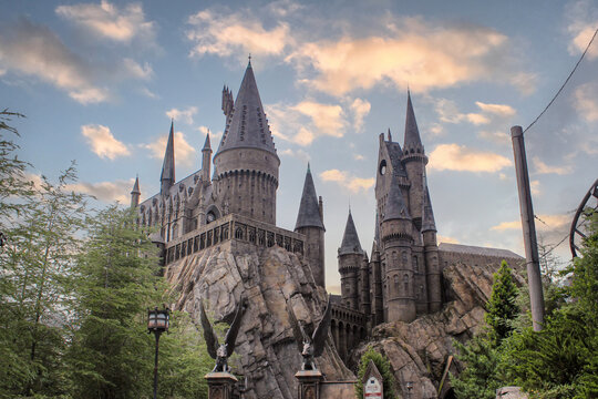 Orlando, FL, USA - August 16, 2016: Hogwarts Castle viewed from Hogsmeade in Universal Park and Resorts.
