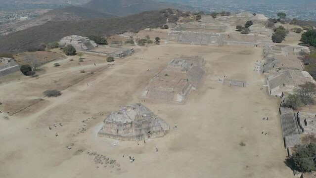 aerial shot of the archaeological zone of Monte Alban, a large pre-Columbian archaeological site in the state of Oaxaca, Mexico.