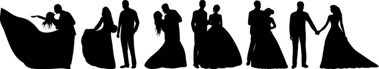 bride and groom set silhouette design vector isolated