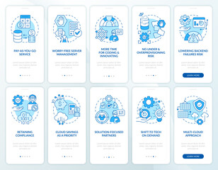 Naklejka premium Cloud computing innovations blue onboarding mobile app screen set. Walkthrough 5 steps editable graphic instructions with linear concepts. UI, UX, GUI template. Myriad Pro-Bold, Regular fonts used