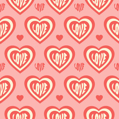 Obraz na płótnie Canvas Retro groovy hearts seamless pattern. Romantic print for Valentine's day decoration in style 60s, 70s. Trendy vector illustration. Pastel colors