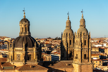 Cityscape of the old town of Salamanca with the church of La Clerecia. Castilla Leon, Spain