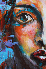 Portrait of a girl - painting with acrylic. Abstract portrait of a beautiful emotional girl. Conceptual abstract multicolor close up handmade oil drawing on canvas