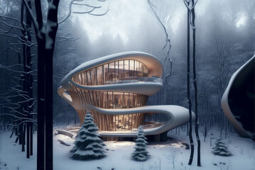stunning futuristic architecture design epic on snowing scene background.generative ai.