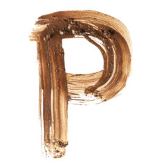 Wet mud alphabet, brush stroke letter P isolated on white, clipping path
