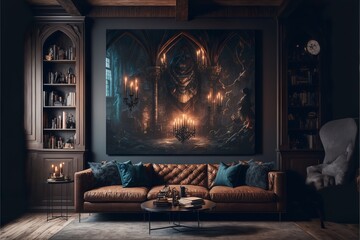 Medieval style victorian living room interior with wooden and brick wall