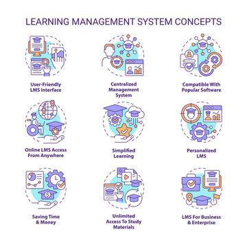 Learning management system concept icons set. Software application for studying idea thin line color illustrations. Isolated symbols. Editable stroke. Roboto-Medium, Myriad Pro-Bold fonts used