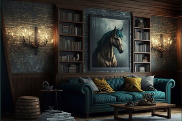 Dark fantasy style dungeon living room old mansion interior with wooden and brick wall