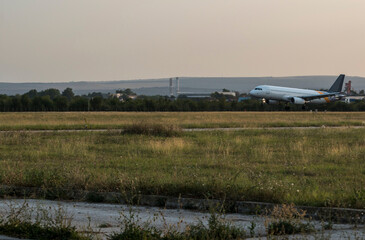 Arriving flight at the airport.