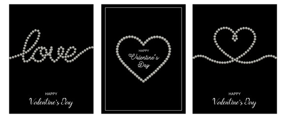 set of valentine's day cards with pearls. collection of valentine backgrounds with beads