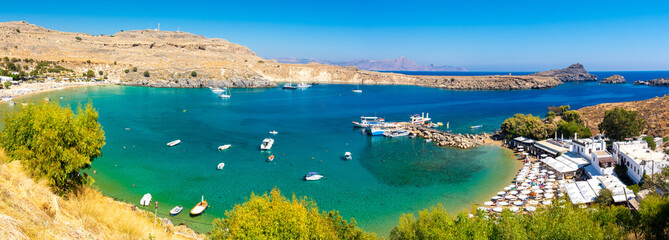 blue bay in Lindos on Rhodes island in Greece