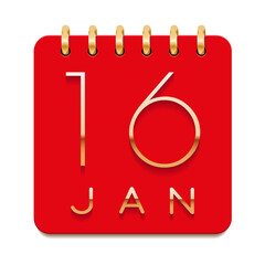 16 day of the month. January. Luxury calendar daily icon. Date day week Sunday, Monday, Tuesday, Wednesday, Thursday, Friday, Saturday. Gold text. Red paper. Vector illustration.