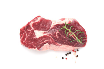Raw Steak Isolated on White. Sliced grilled meat steak New York or Ribeye with spices rosemary and pepper on white background. Top view. Mock up.